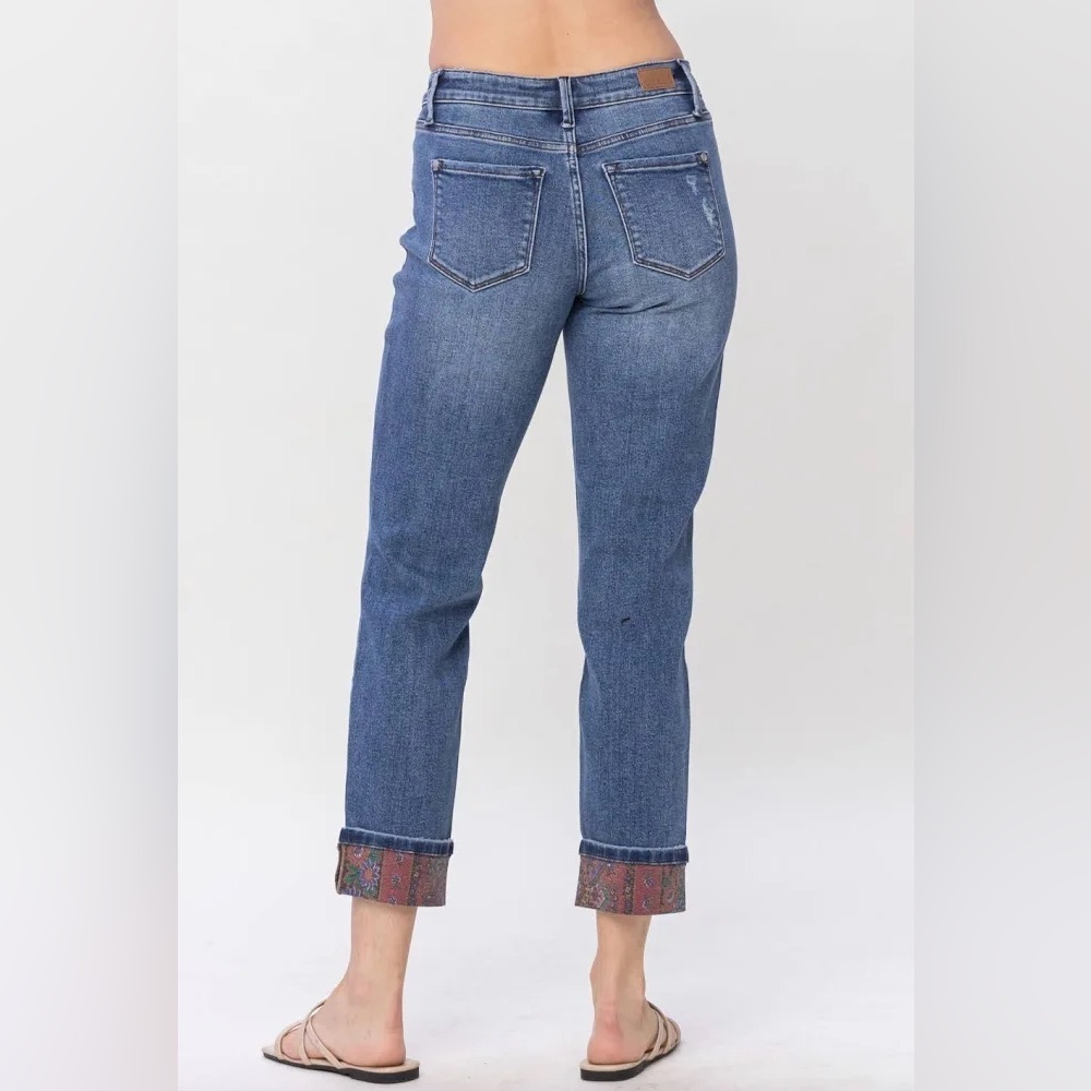 Judy Blue Paisley Bandana Cuff Distressed Ankle Jeans in Blue 88574 size 0 - Picture 3 of 7